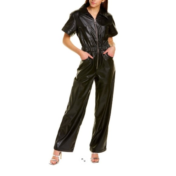NWOT WeWoreWhat Black Faux Leather Flight Suit Jumpsuit Size XS Short Sleeve - Picture 1 of 10